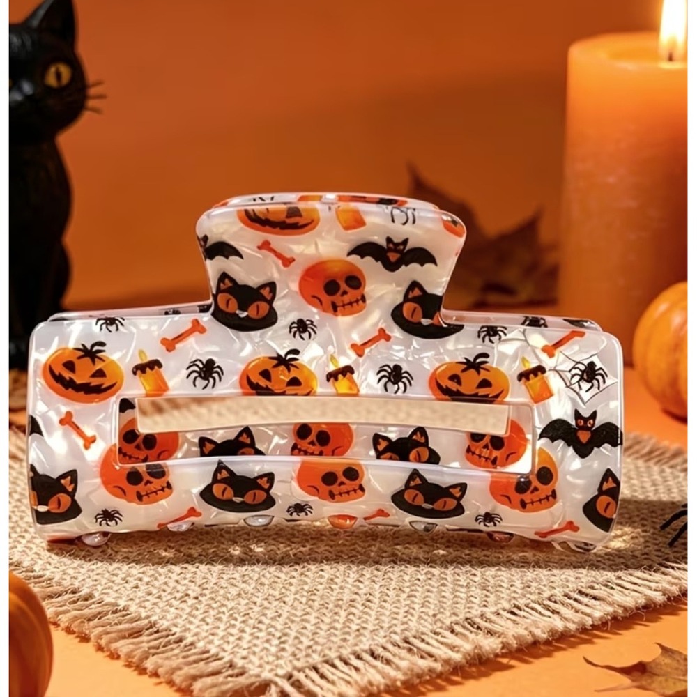 Halloween Hair Claw Clip White Pumpkin Skull Black Cat Spooky